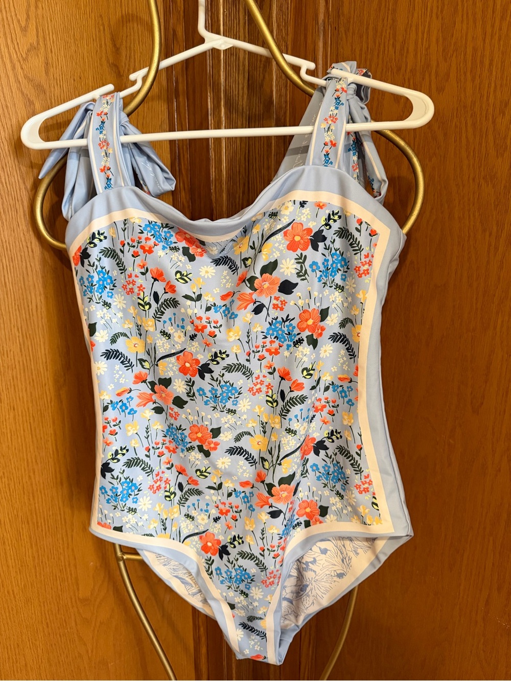 Mango Light Blue Floral Tie-Shoulder One-Piece Swimsuit